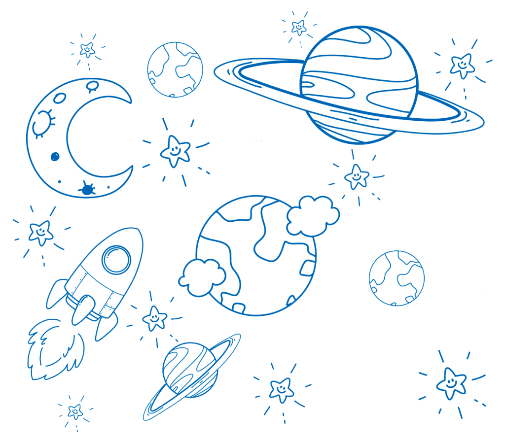 Diseño de dibujos animados del espacio exterior con cohetes, planetas y estrellas para MB Kids.