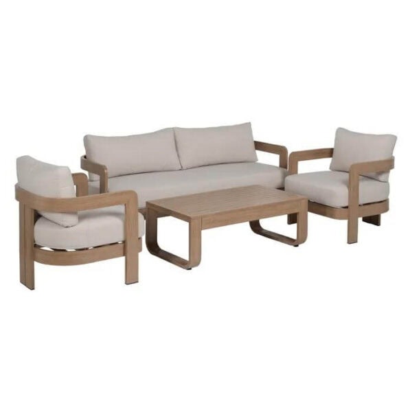 Conjunto de Jardín SAMOA compuesto por mesa de centro, 2 sillones y un sofá amplío.