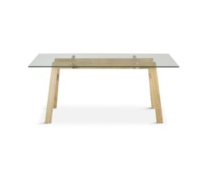 Mesa de comedor CORAL. Es una mesa de cristal y patas de madera