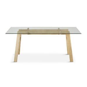 Mesa de comedor CORAL. Es una mesa de cristal y patas de madera