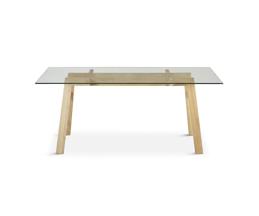 Mesa de comedor CORAL. Es una mesa de cristal y patas de madera