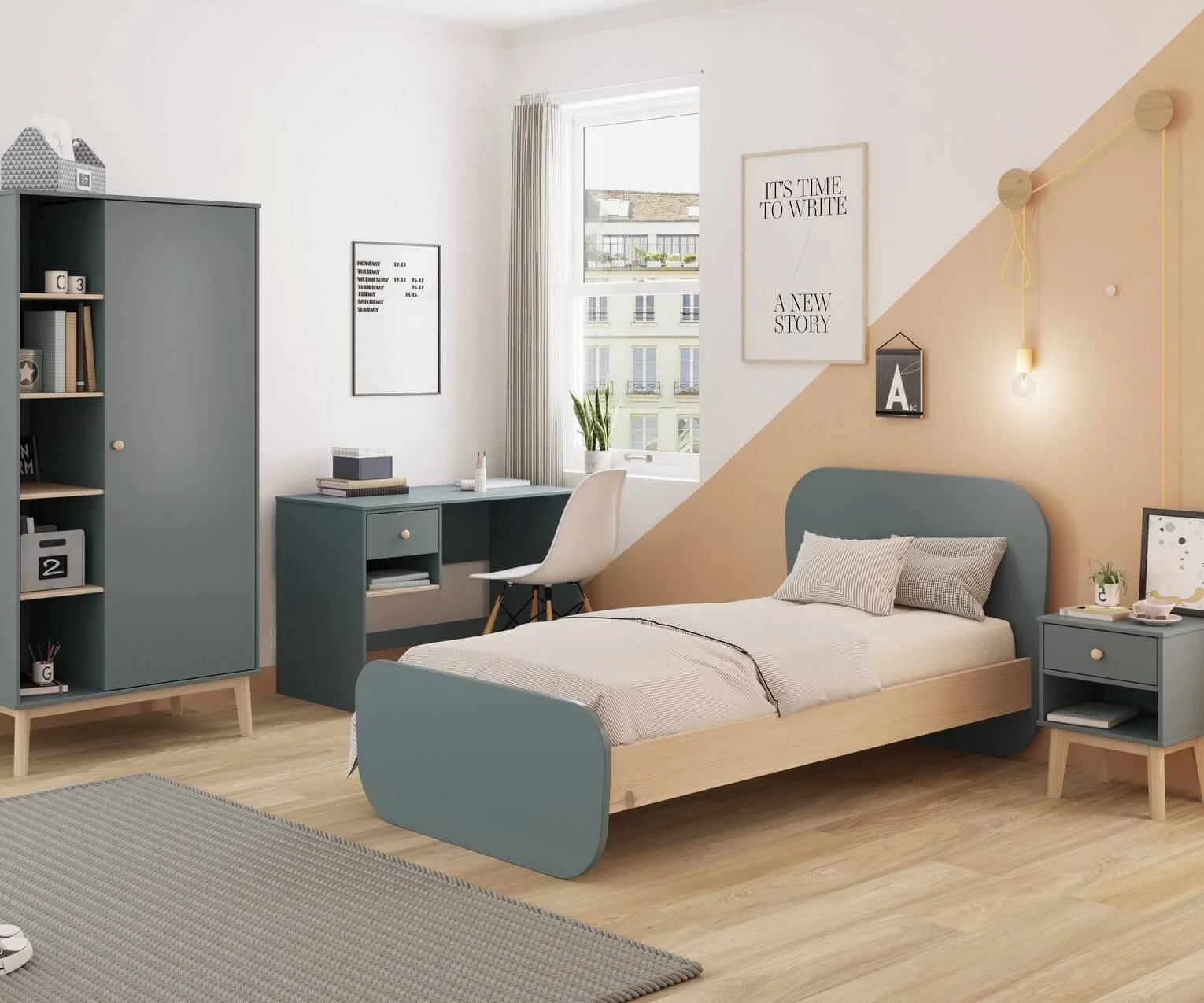 Habitación moderna con cama, armario y mesita de noche del mismo color que el escritorio Baloo kaki,