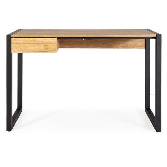 Escritorio moderno de madera con un cajón y patas de metal negro.