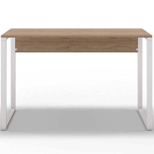 Escritorio Mina con diseño moderno, cubierta con acabado de madera y patas de metal blanco.