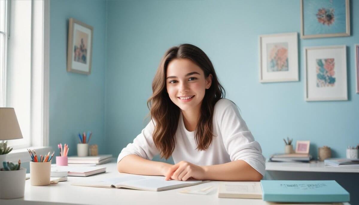 Estudiante sonriente estudia en su escritorio con libros abiertos, lista para la vuelta al cole.