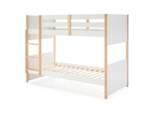 Litera 90 KIKA Blanca, estructura minimalista en madera y blanco con escalera integrada.