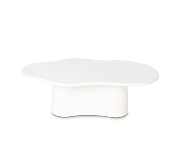 Mesa de centro MUKUL con elegante diseño blanco, superficie lisa y base ondulada.