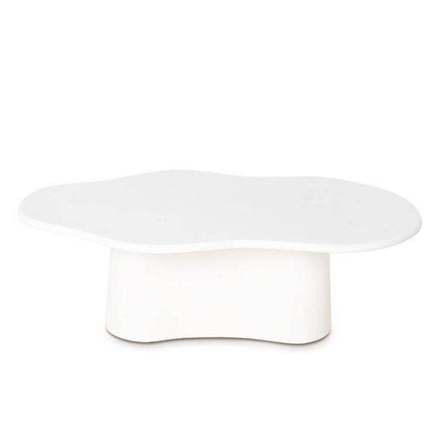 Mesa de centro MUKUL con elegante diseño blanco, superficie lisa y base ondulada.