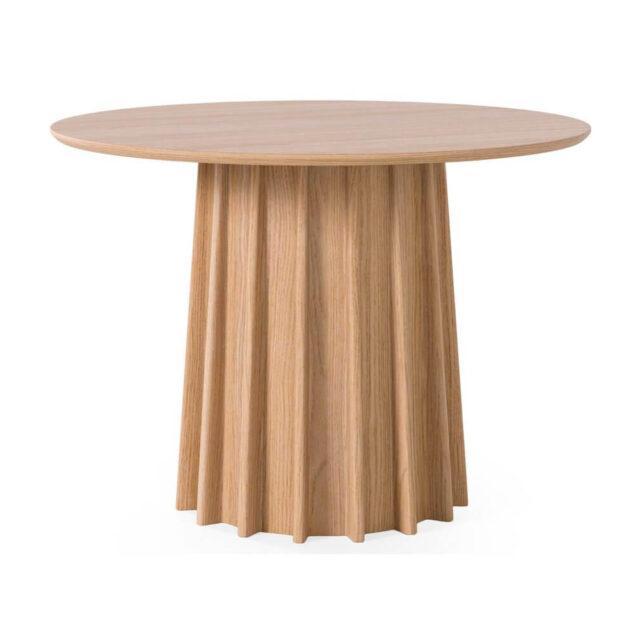 Mesa de Comedor LORENZA con superficie redonda de madera y base cilíndrica texturizada.