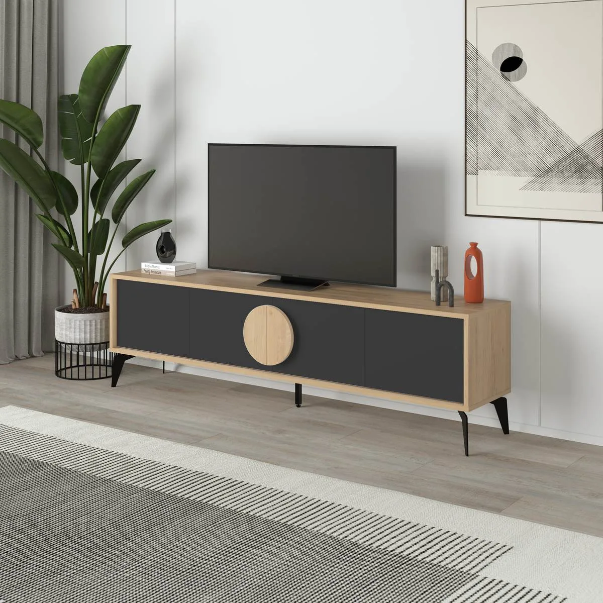 Mueble TV VERA de 4 puertas 180 cm roble y negro