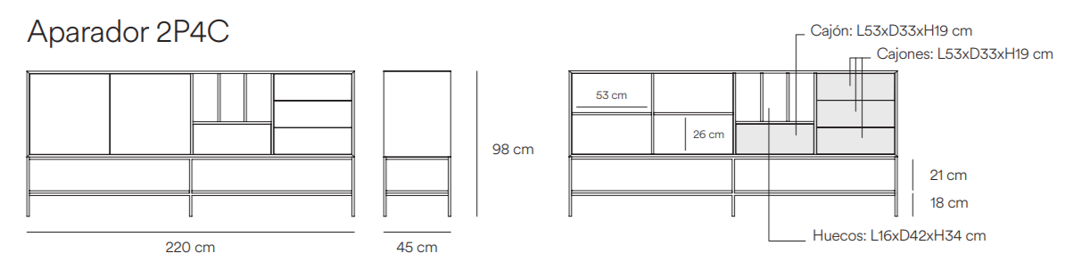 Medidas del aparador Platt de 2 puertas y 4 cajones