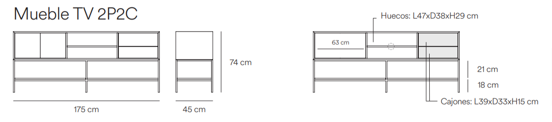 Medidas mueble TV Platt con 2 puertas y 2 cajones