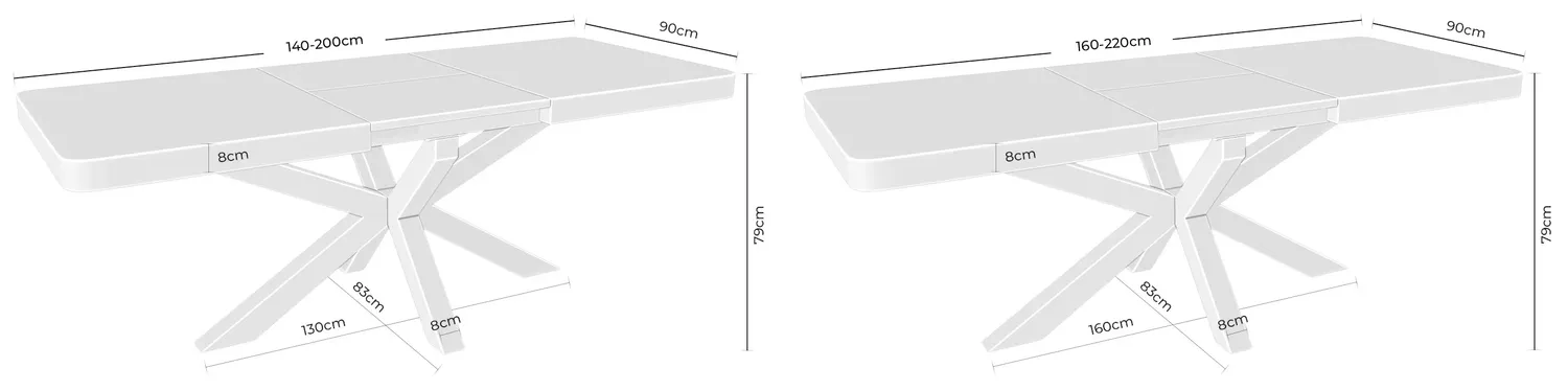 Medidas de la mesa Gladys: 140cm extensible a 200cm y 160cm extensible a 220cm