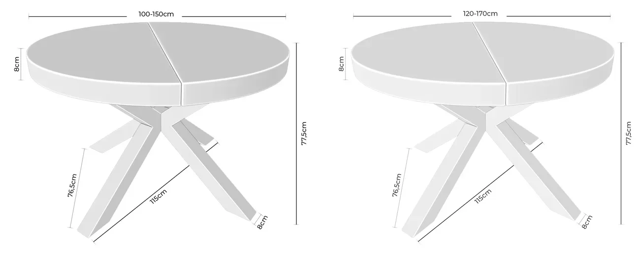 Medidas de la mesa redonda extensible MILDRED diametro 100 o 120cm extensible a 150 o 170cm
