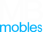 Logotipo azul y blanco "MB mobiles" con letras grandes "MB" y "mobiles" en minúsculas abajo.